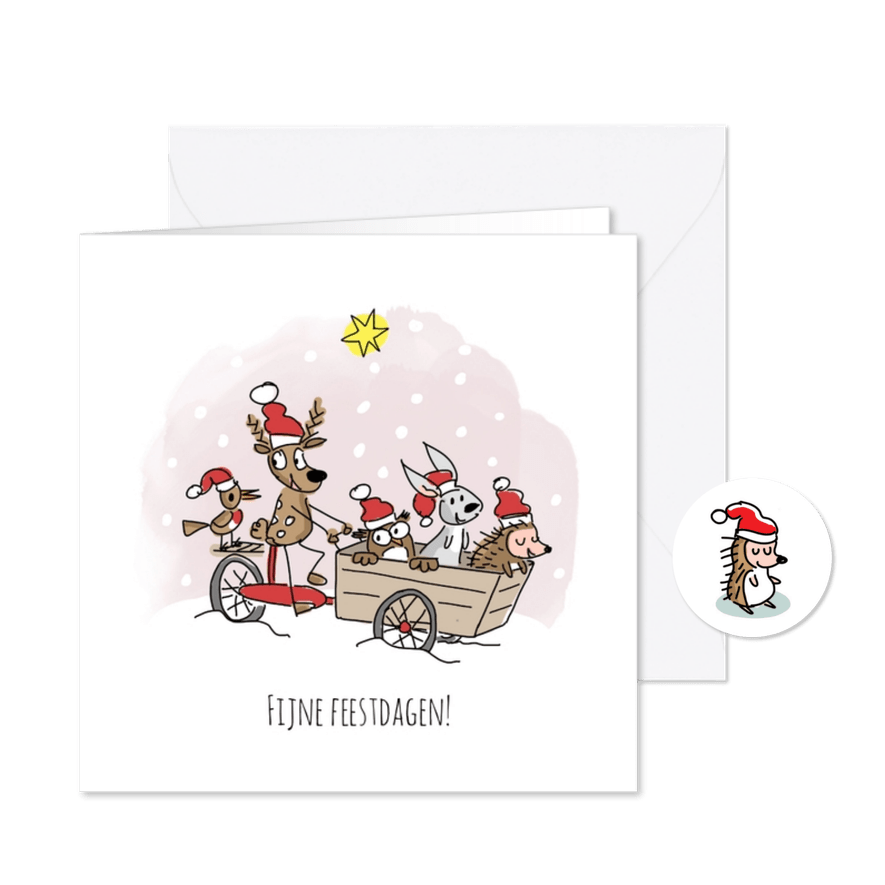 Kerstkaart met dieren in bakfiets - Kaartimpressie