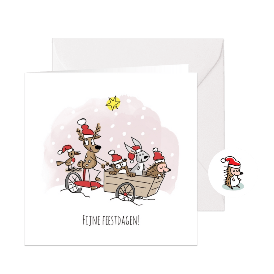 Kerstkaart met dieren in bakfiets - Kaartimpressie