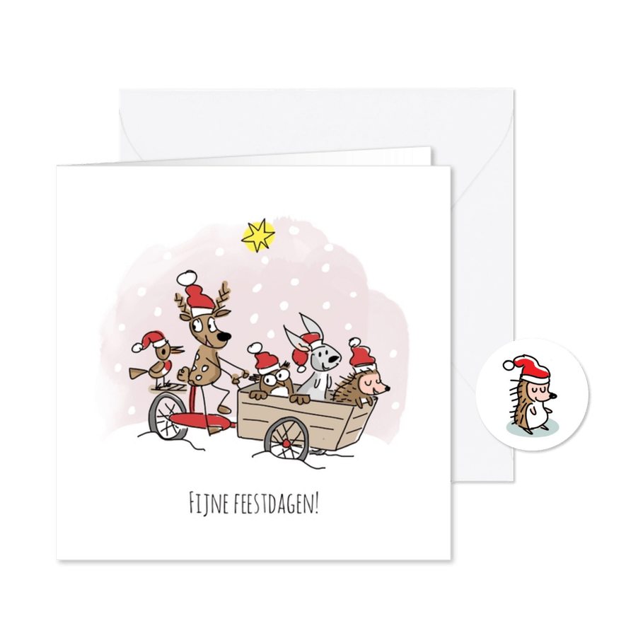 Kerstkaart met dieren in bakfiets - Kaartimpressie