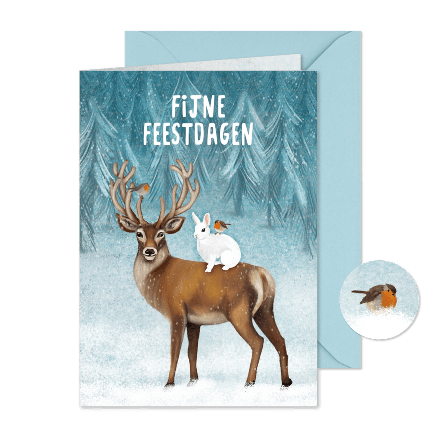 Kerstkaart met dieren in de sneeuw - Kaartimpressie