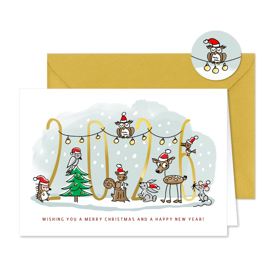 Kerstkaart met dieren met kerstmuts en nieuw jaar - Kaartimpressie