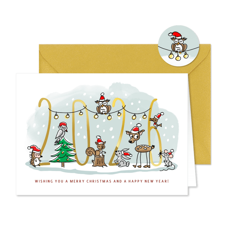 Kerstkaart met dieren met kerstmuts en nieuw jaar - Kaartimpressie