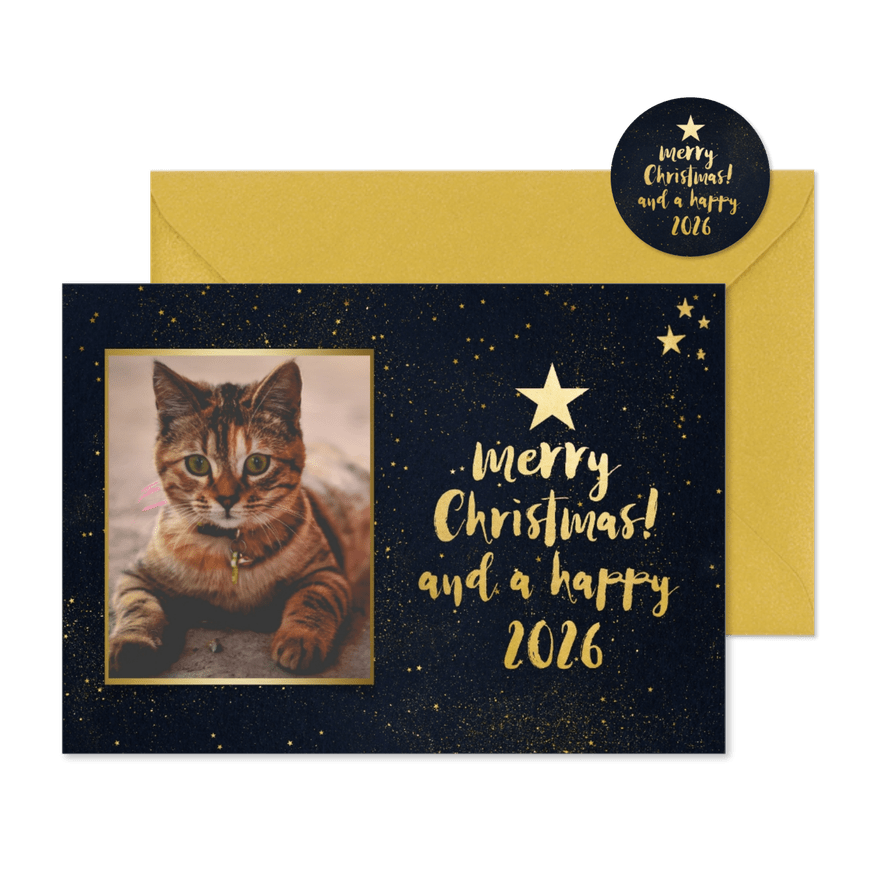 Kerstkaart met donkere achtergrond en gouden sterren - Kaartimpressie