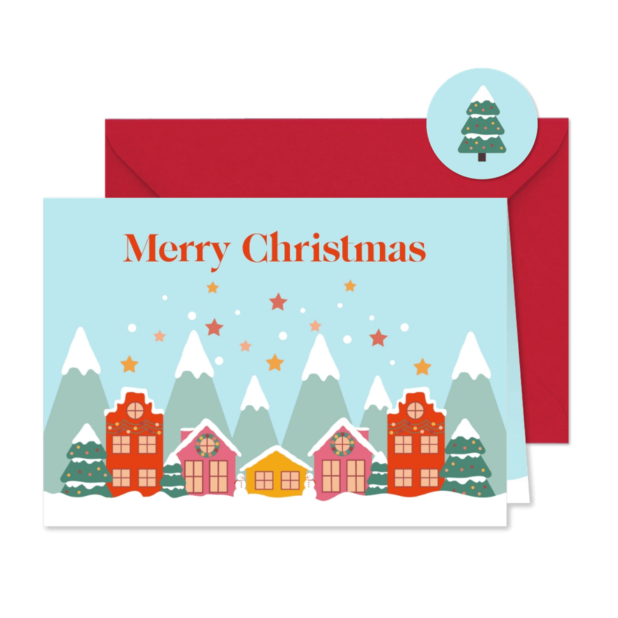 Kerstkaart met dorp in winterlandschap en sterren - Kaartimpressie