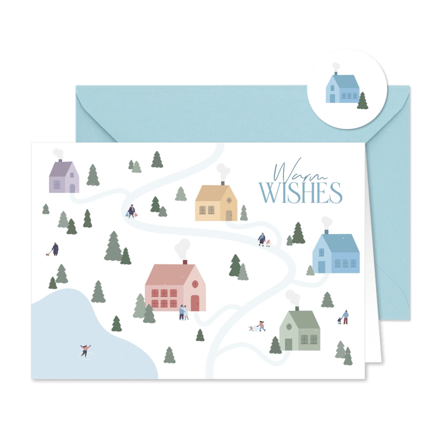 Kerstkaart met dorpje met huisjes in de sneeuw - Kaartimpressie