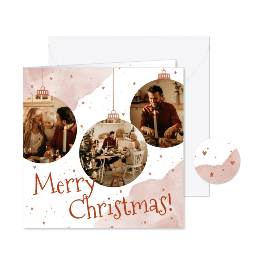 Kerstkaart met drie koperen kerstballen en spetters - Kaartimpressie