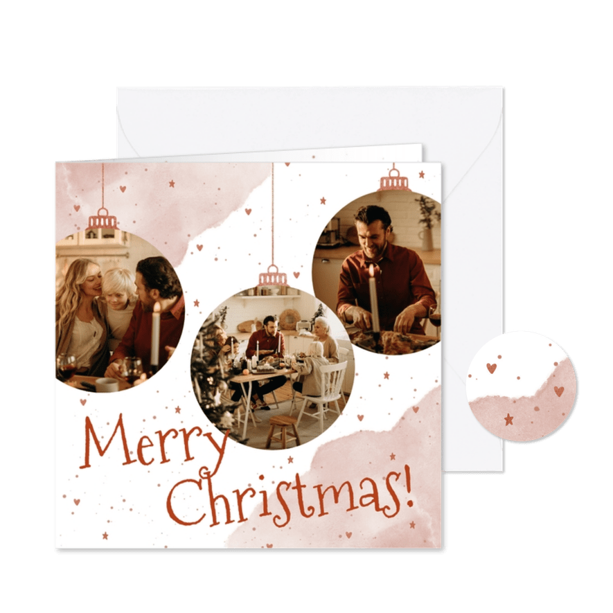 Kerstkaart met drie koperen kerstballen en spetters - Kaartimpressie