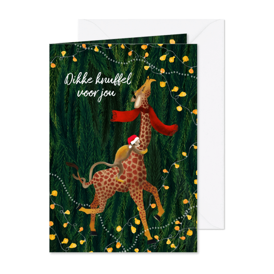 Kerstkaart met een aapje en een giraffe - Kaartimpressie
