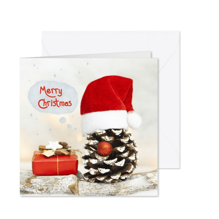 Kerstkaart met een dennenappel met een kerstmuts op - Kaartimpressie
