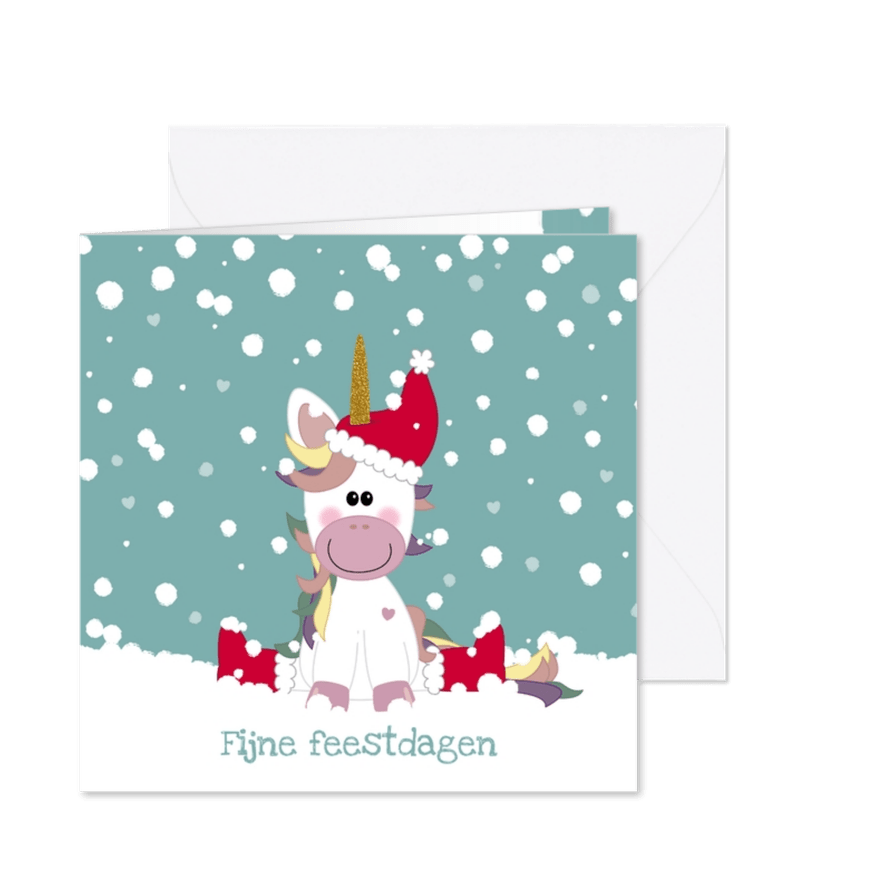 Kerstkaart met een eenhoorn in de sneeuw - Kaartimpressie