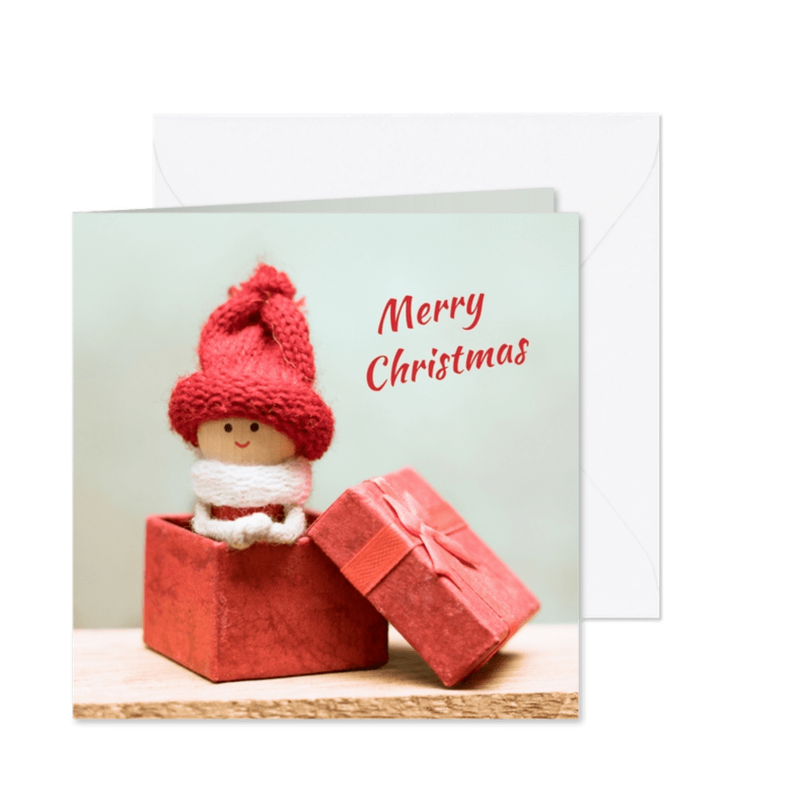 Kerstkaart met een elfje in een rood doosje - Kaartimpressie