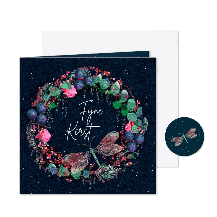 Kerstkaart met een kerstkrans en libelle - Kaartimpressie