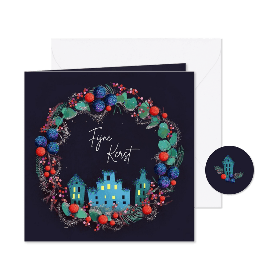 Kerstkaart met een kerstkrans met huisjes - Kaartimpressie