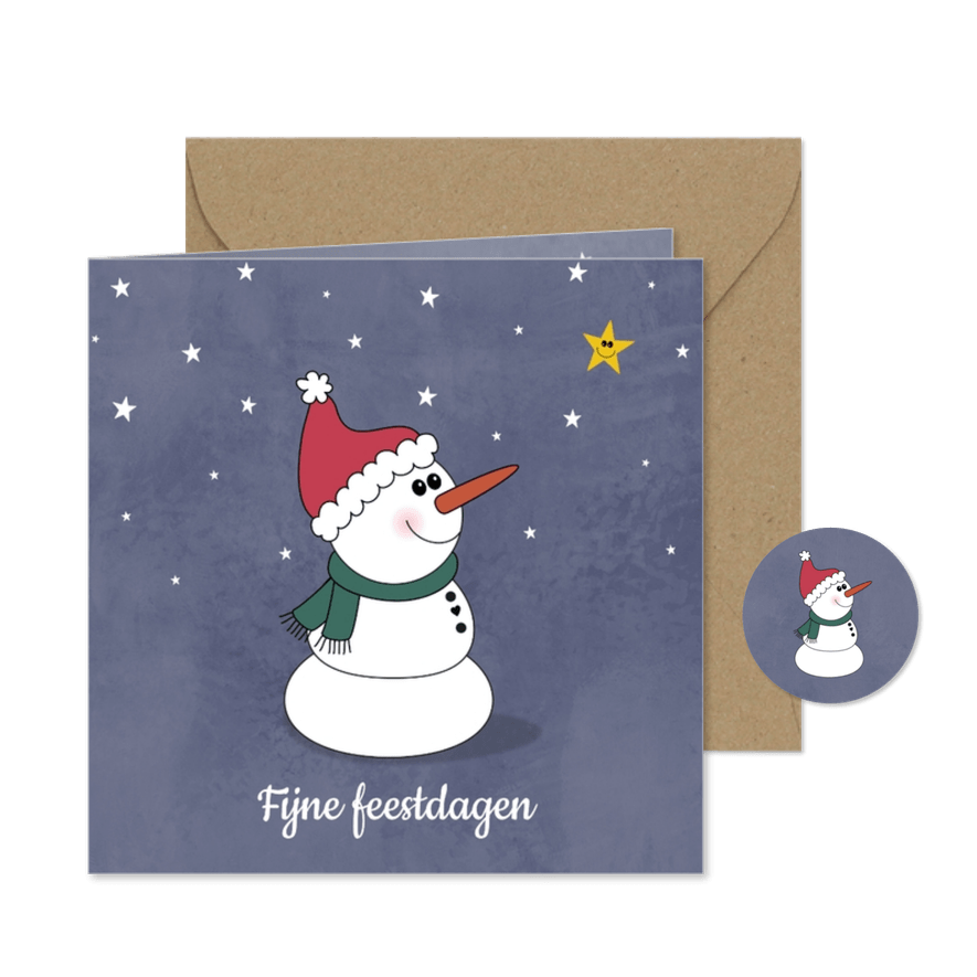 Kerstkaart met een schattige sneeuwpop en sterren - Kaartimpressie