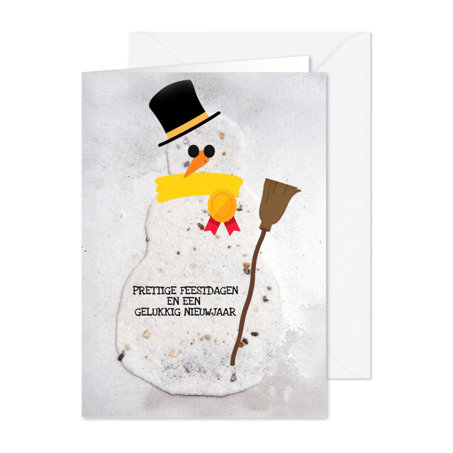 Kerstkaart met een sneeuwpop met bezem - Kaartimpressie