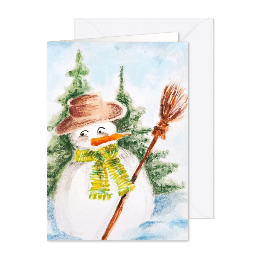 Kerstkaart met een sneeuwpop met een bezem - Kaartimpressie