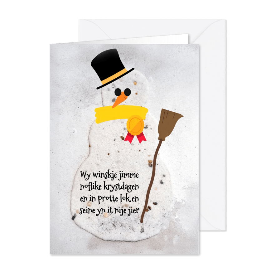 Kerstkaart met een sneeuwpop met friese tekst - Kaartimpressie