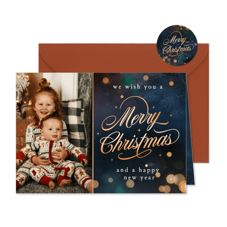 Kerstkaart met eigen foto - donkerblauw met lampjes - Kaartimpressie