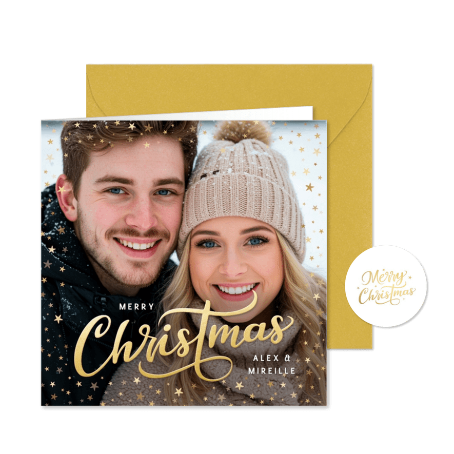 Kerstkaart met eigen foto en gouden sterretjes kader - Kaartimpressie
