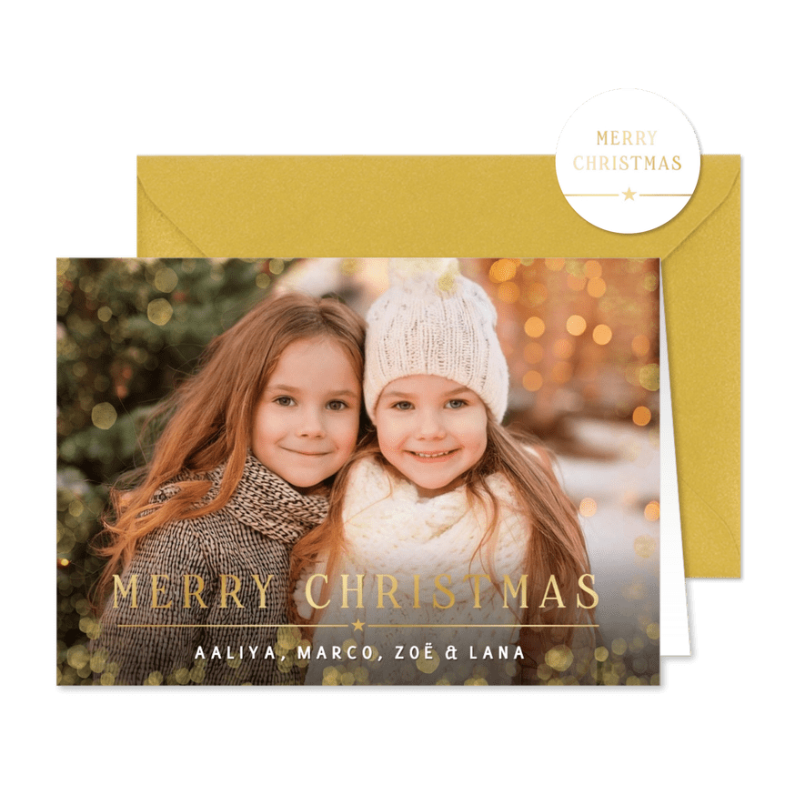 Kerstkaart met eigen foto en goudfolie merry christmas - Kaartimpressie