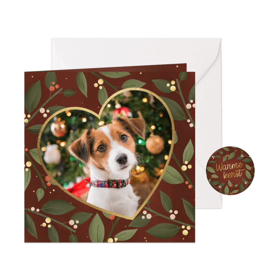 Kerstkaart met eigen foto hond en kersttakjes zonder tekst - Kaartimpressie