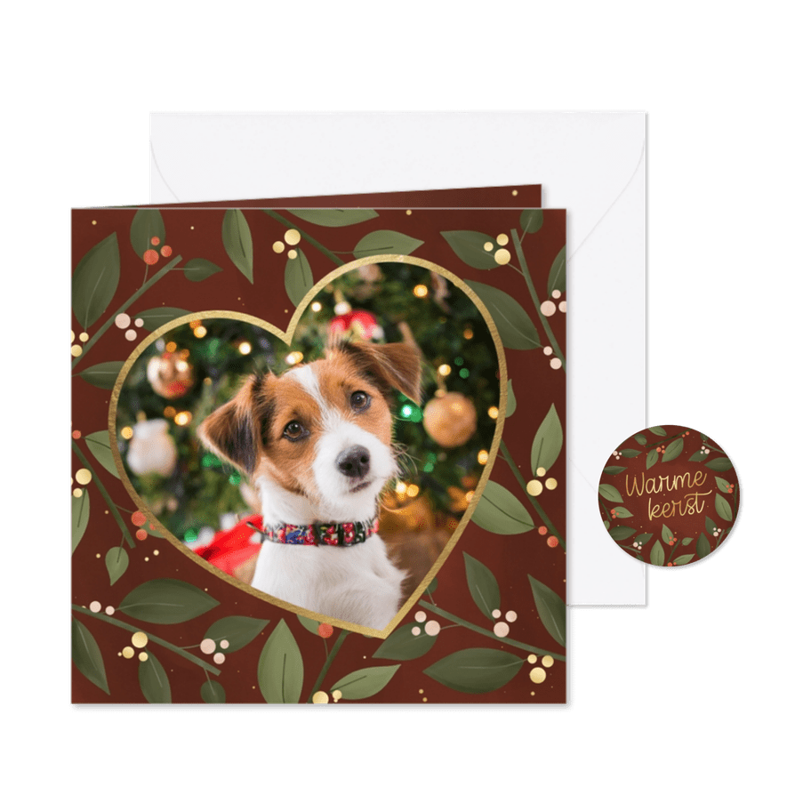 Kerstkaart met eigen foto hond en kersttakjes zonder tekst - Kaartimpressie