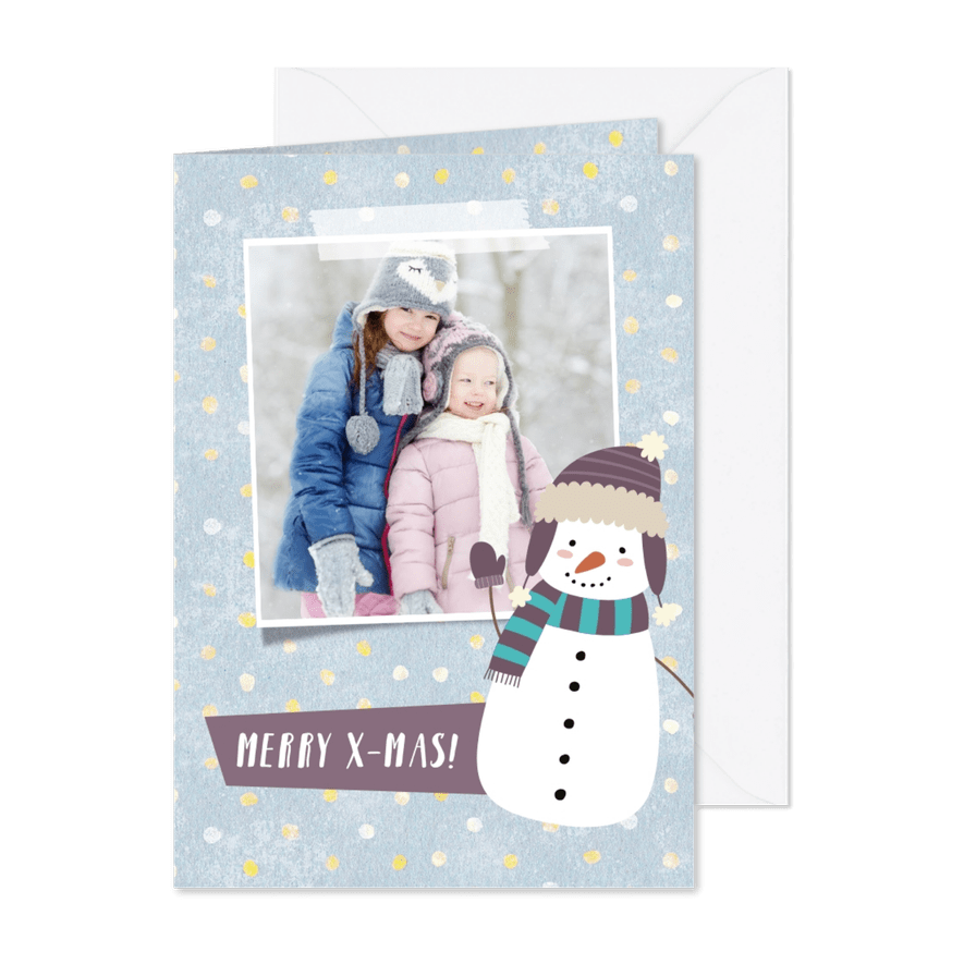 Kerstkaart met eigen foto, sneeuwpop illustratie en stippels - Kaartimpressie