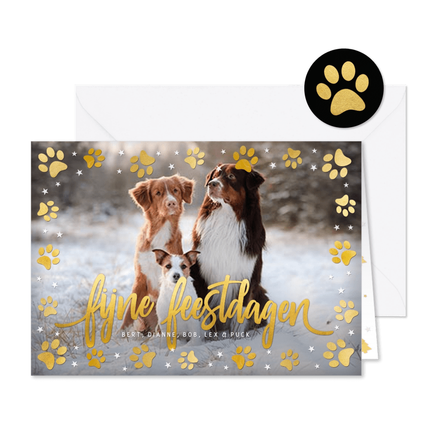 Kerstkaart met eigen foto van hond en pootafdrukjes in goud - Kaartimpressie
