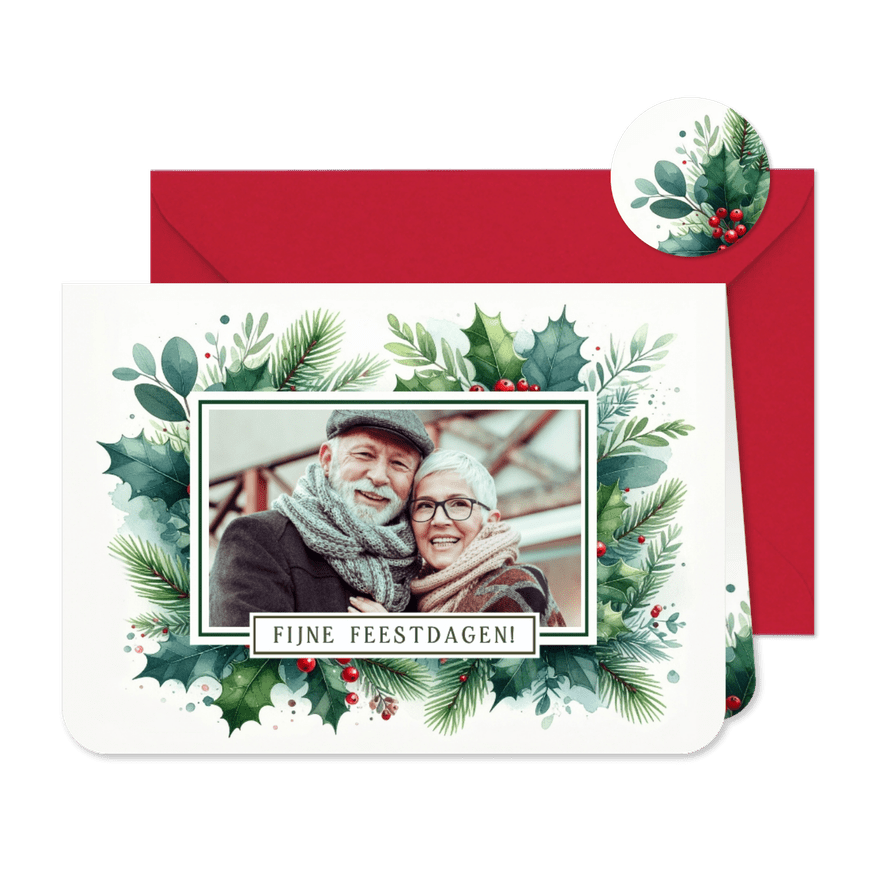 Kerstkaart met eigen mooie foto kersttakjes en hulst - Kaartimpressie