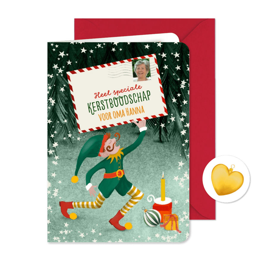Kerstkaart met elfje, kaart en foto-postzegel - Kaartimpressie