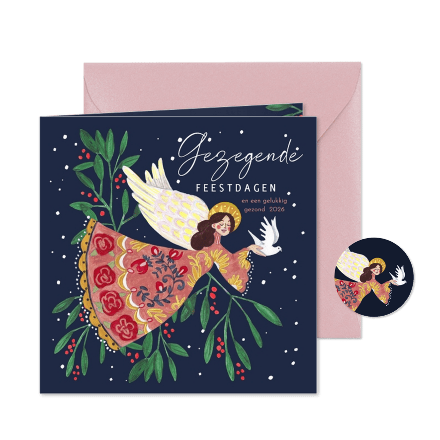Kerstkaart met engeltje en kerstmis hulst - Kaartimpressie