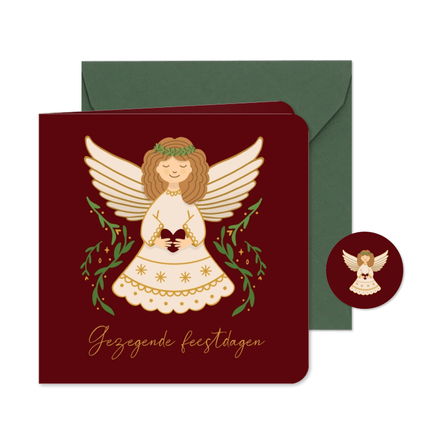 Kerstkaart met engeltje illustratie bladeren - Kaartimpressie