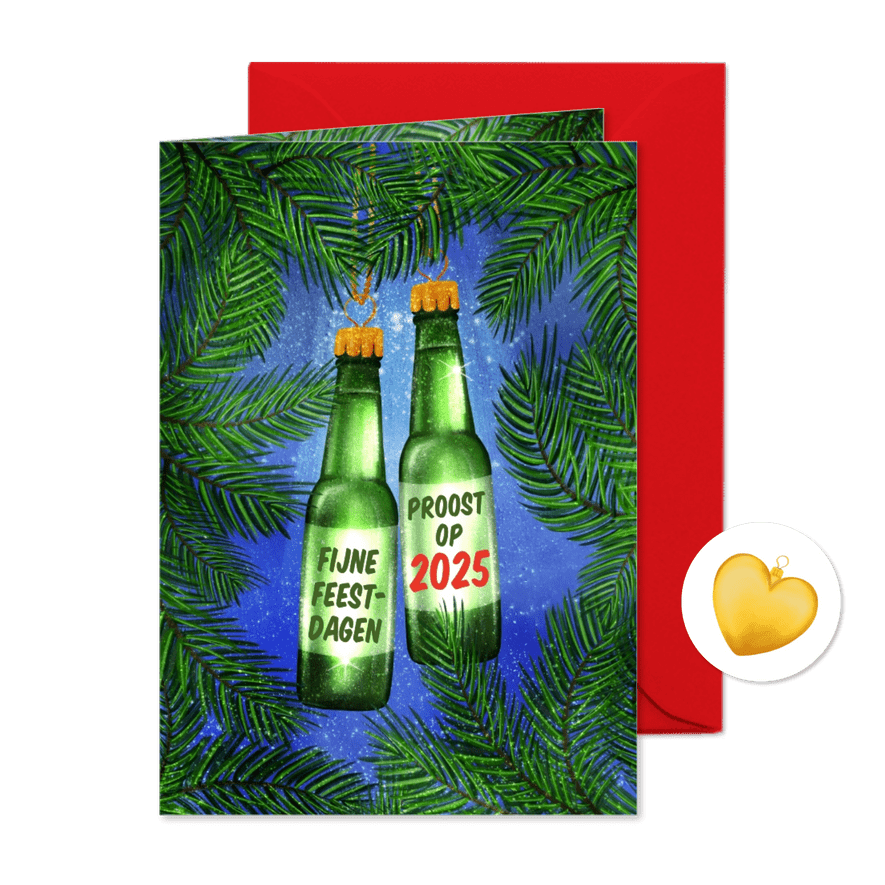 Kerstkaart met flesjes bier aan kersttakjes - Kaartimpressie