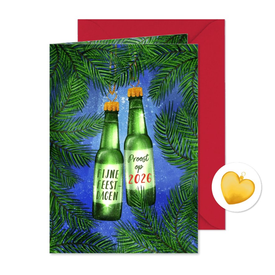 Kerstkaart met flesjes bier aan kersttakjes - Kaartimpressie