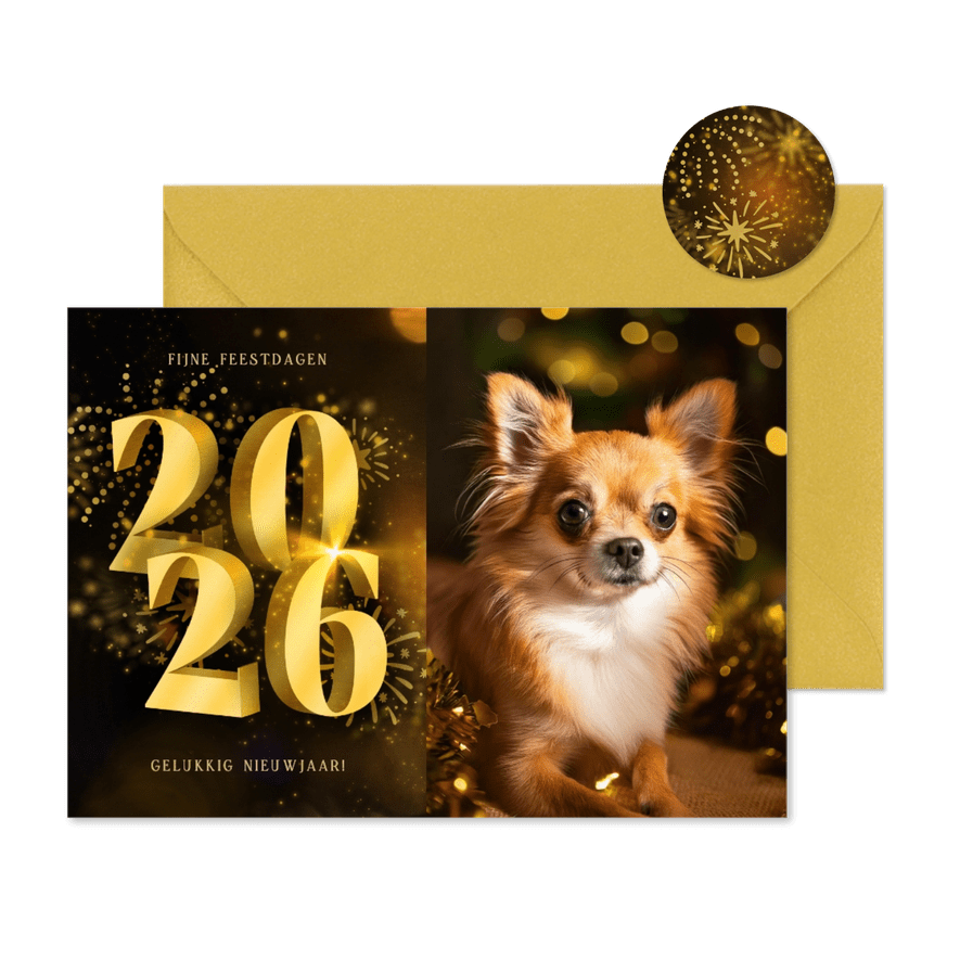 Kerstkaart met foto 2026 3D en vuurwerk - Kaartimpressie