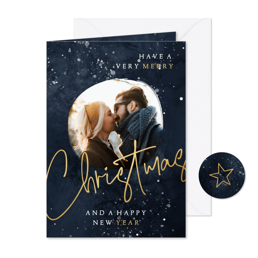 Kerstkaart met foto donkerblauw Christmas in goudlook - Kaartimpressie