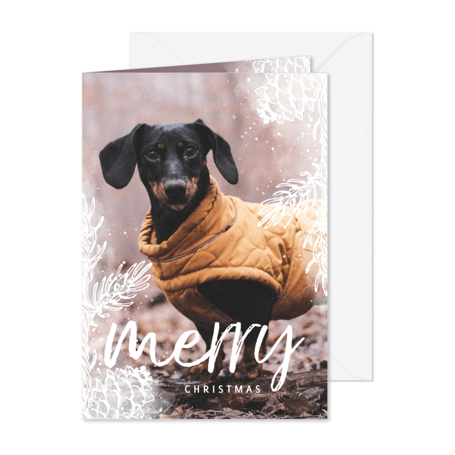 Kerstkaart met foto en dennentakjes wit - Kaartimpressie