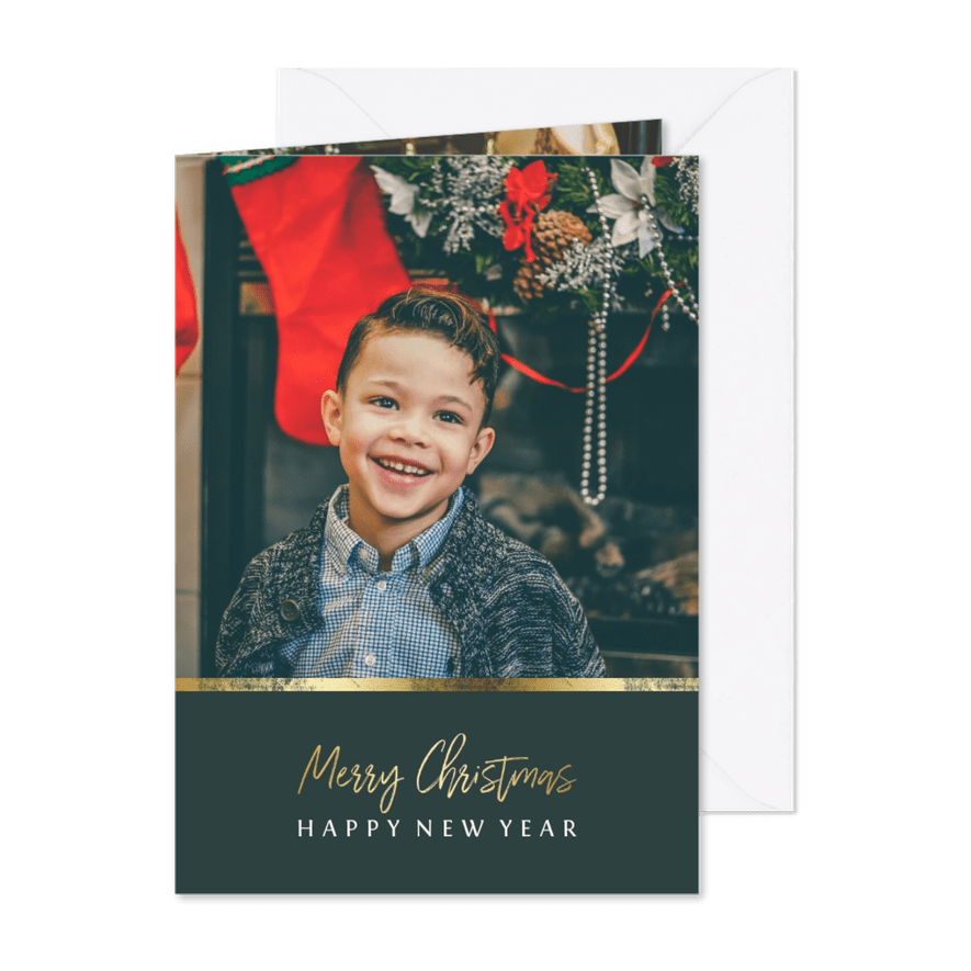 Kerstkaart met foto en gouden accent - Kaartimpressie