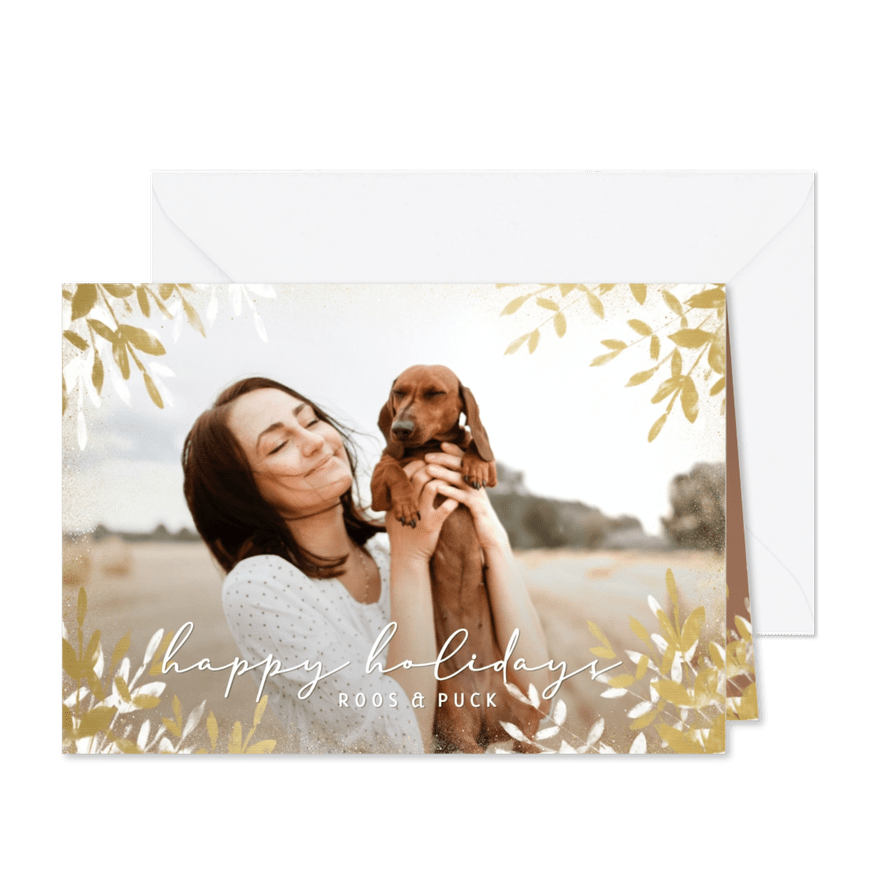 Kerstkaart met foto en gouden en witte takken - Kaartimpressie