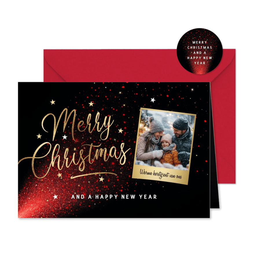 Kerstkaart met foto en gouden 'Merry Christmas' - Kaartimpressie