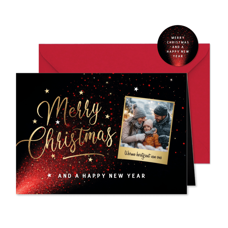 Kerstkaart met foto en in goud 'Merry Christmas' - Kaartimpressie