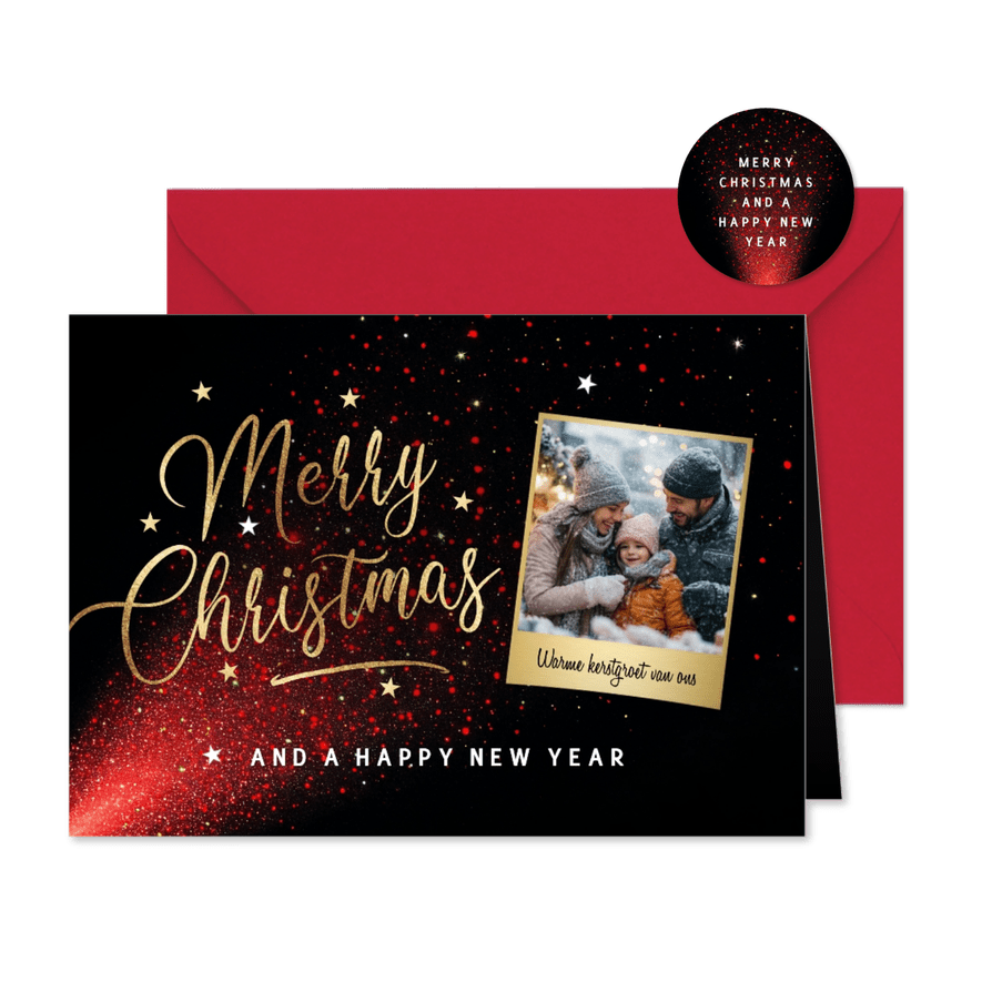 Kerstkaart met foto en in goud 'Merry Christmas' - Kaartimpressie