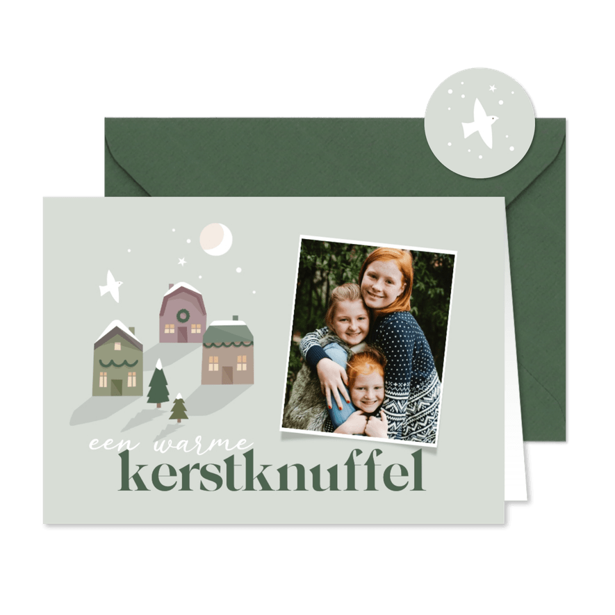Kerstkaart met foto en kersthuisjes - Kaartimpressie