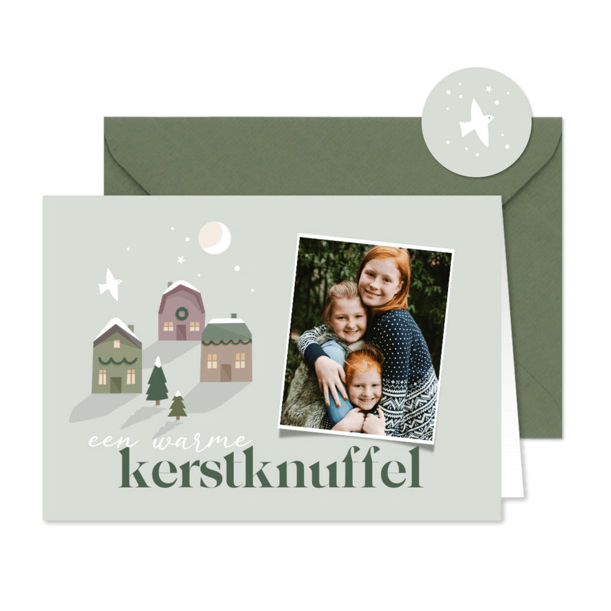 Kerstkaart met foto en kersthuisjes - Kaartimpressie