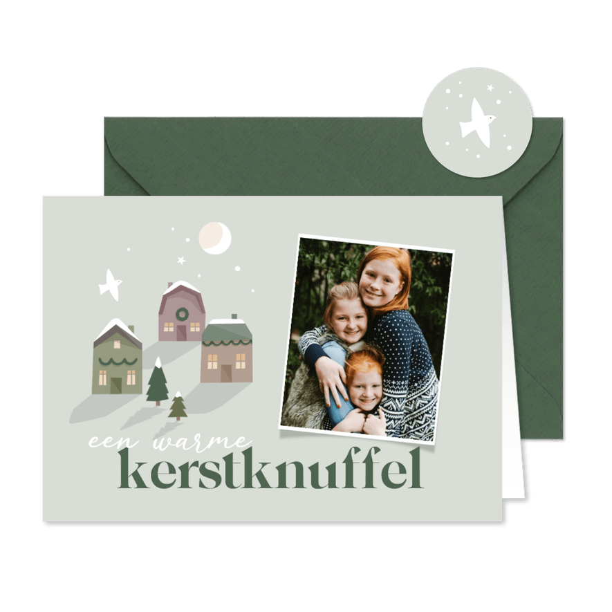 Kerstkaart met foto en kersthuisjes - Kaartimpressie