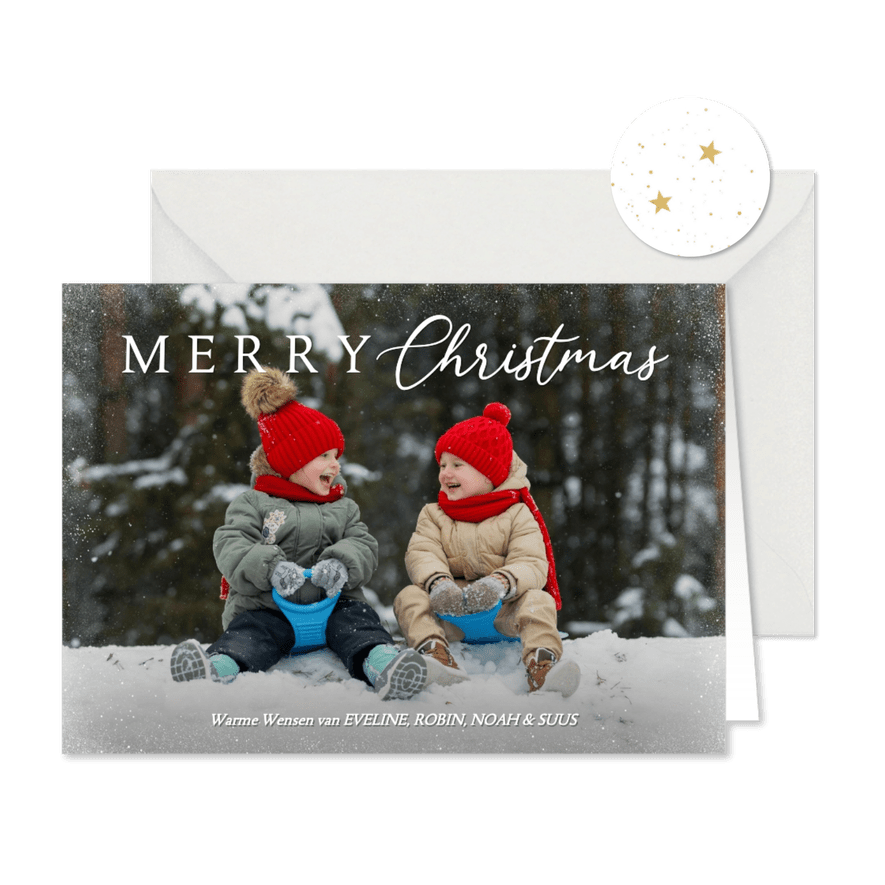 Kerstkaart met foto en merry christmas klassieke typografie - Kaartimpressie