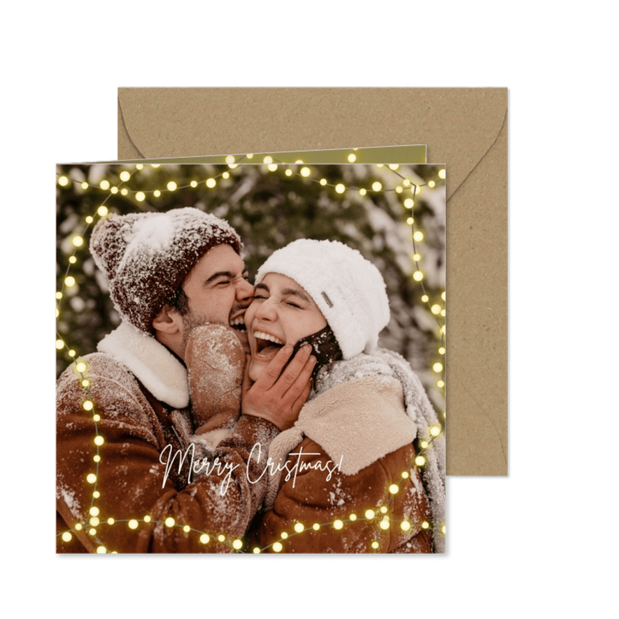 Kerstkaart met foto en slinger van lampjes Vrienden GHZ - Kaartimpressie