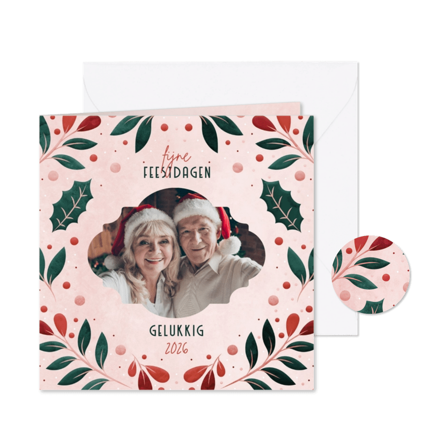 Kerstkaart met foto en vrolijke blaadjes - Kaartimpressie