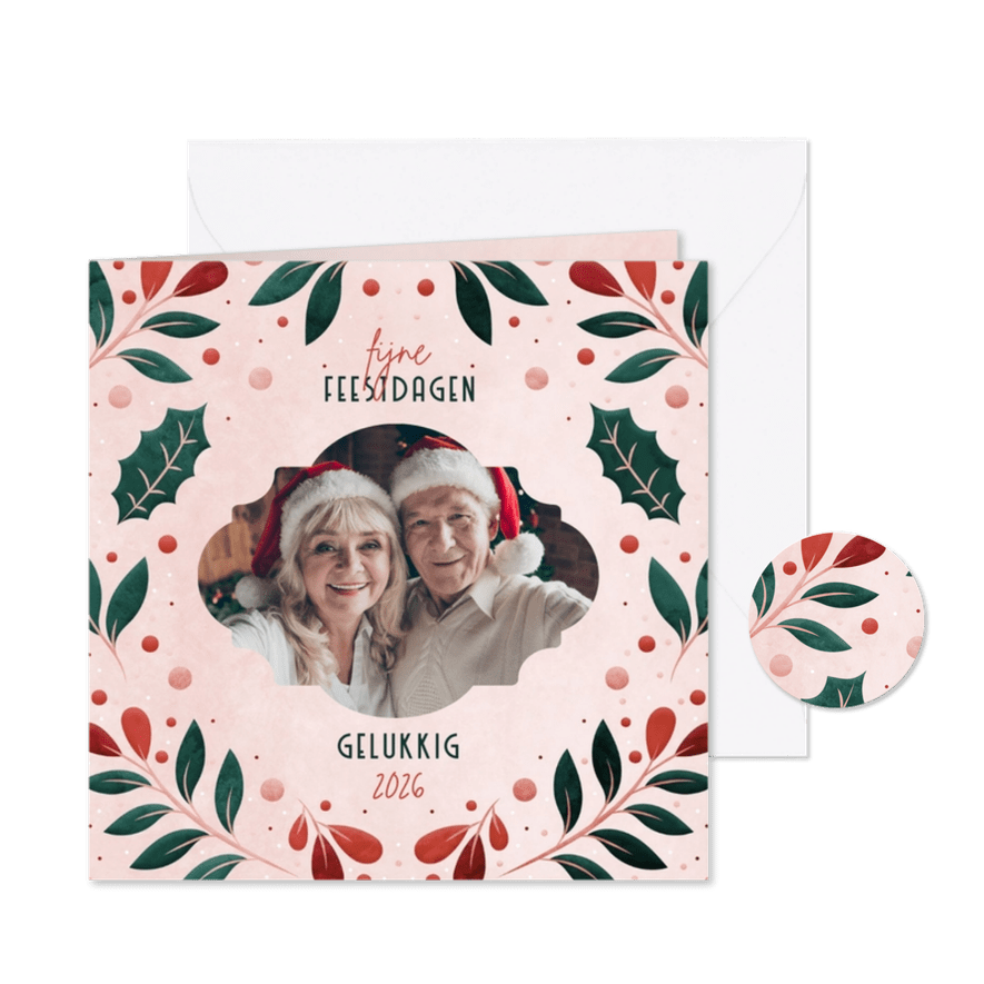 Kerstkaart met foto en vrolijke blaadjes - Kaartimpressie