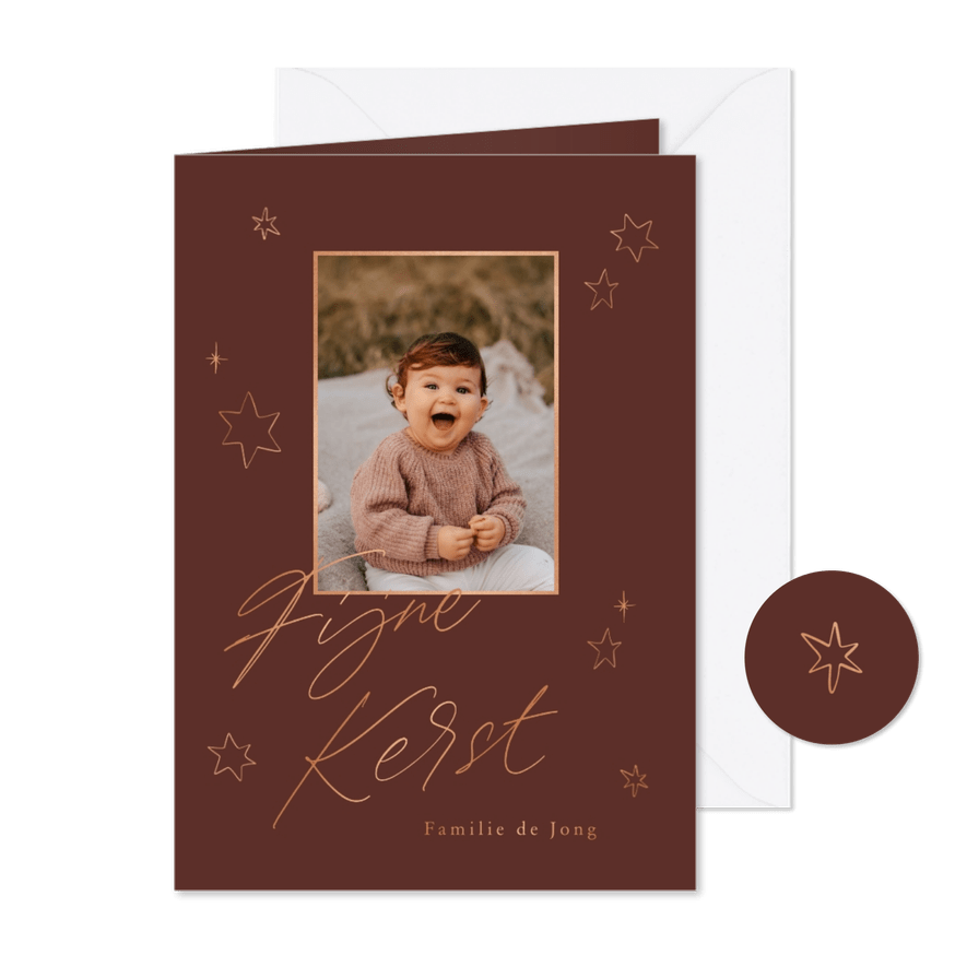Kerstkaart met foto Fijne Kerst koper met inkt sterren - Kaartimpressie
